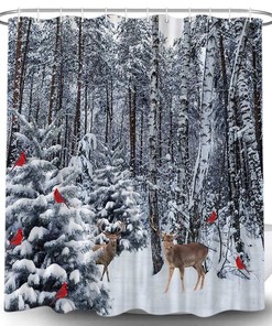 Forest Deer Red Birds Fabric Shower Curtain Waterproof Art Bathroom Decor