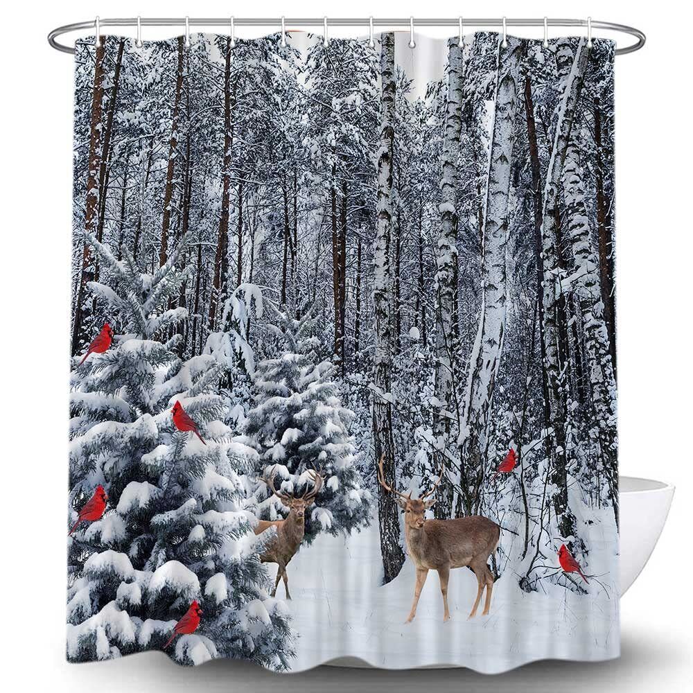 Forest Deer Red Birds Fabric Shower Curtain Waterproof Art Bathroom Decor