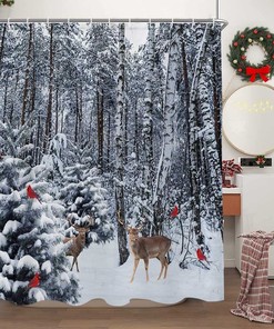 Forest Deer Red Birds Fabric Shower Curtain Waterproof Art Bathroom Decor