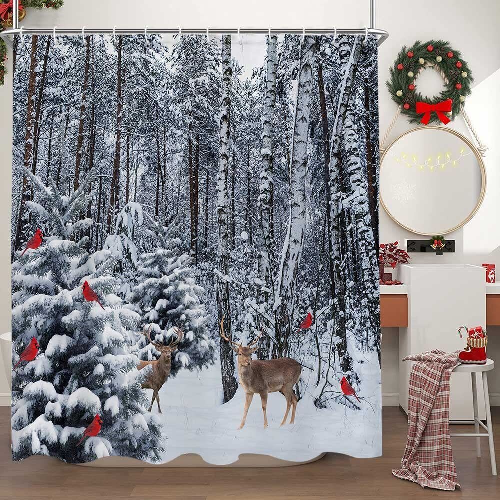 Forest Deer Red Birds Fabric Shower Curtain Waterproof Art Bathroom Decor