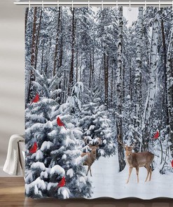 Forest Deer Red Birds Fabric Shower Curtain Waterproof Art Bathroom Decor