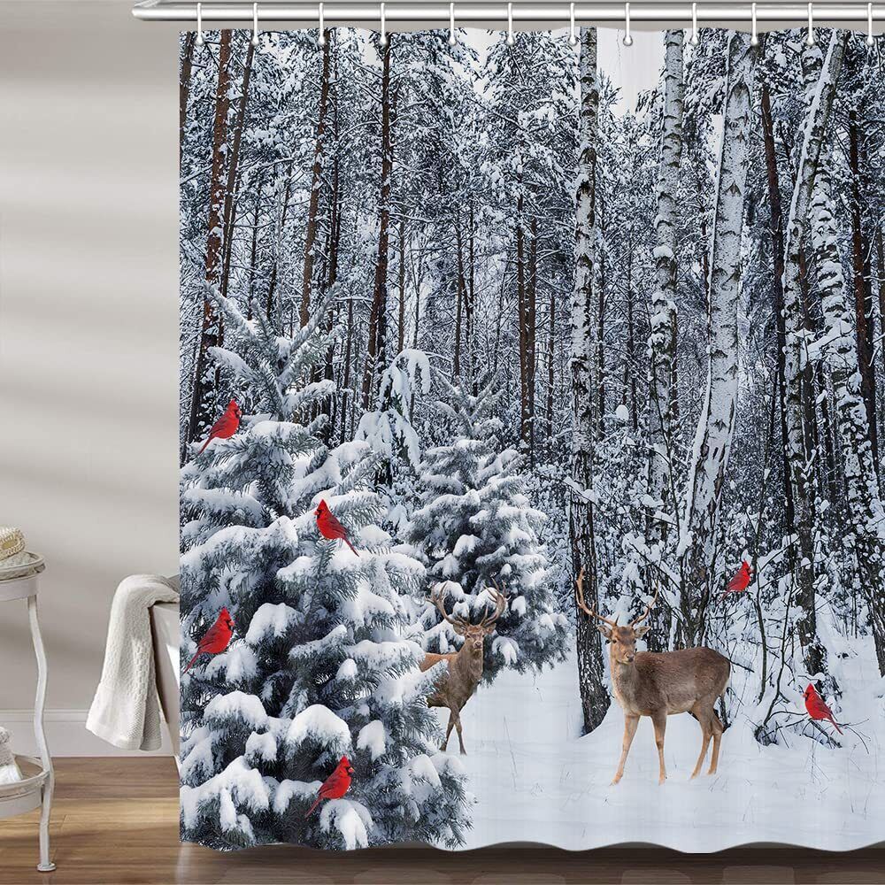 Forest Deer Red Birds Fabric Shower Curtain Waterproof Art Bathroom Decor
