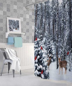 Forest Deer Red Birds Fabric Shower Curtain Waterproof Art Bathroom Decor