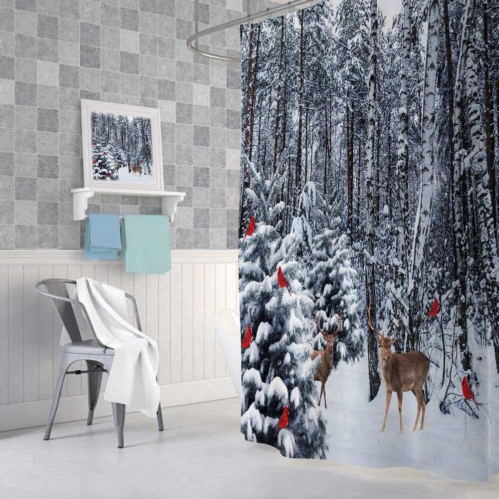 Forest Deer Red Birds Fabric Shower Curtain Waterproof Art Bathroom Decor