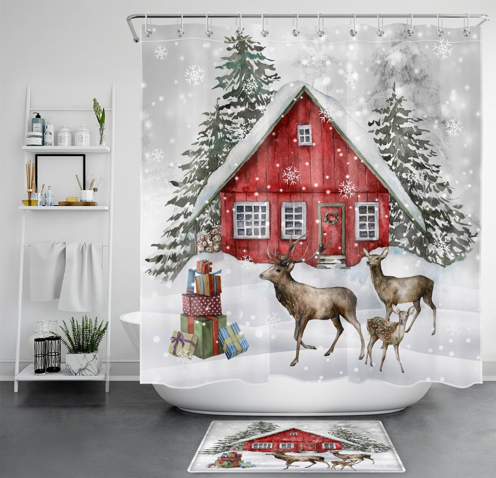 Forest Farm Animals Shower Curtain Featuring Moose And Christmas Decorations - Perfect For A Cozy Bathroom Look