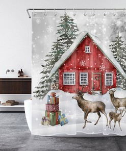 Forest Farm Animals Shower Curtain Featuring Moose And Christmas Decorations - Perfect For A Cozy Bathroom Look