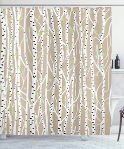 Forest Foliage Abstract Trunks Shower Curtain In Tan, Pale Green, And Black