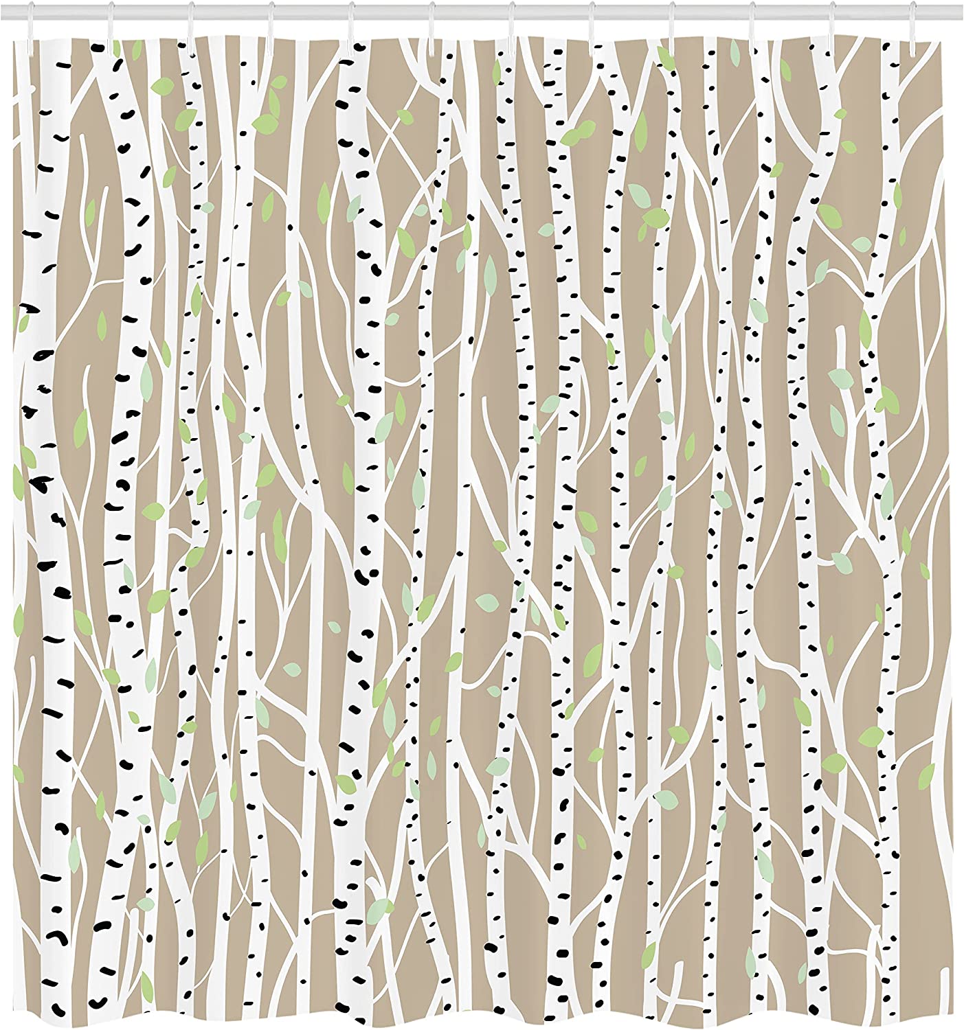 Forest Foliage Abstract Trunks Shower Curtain In Tan, Pale Green, And Black - Image 2