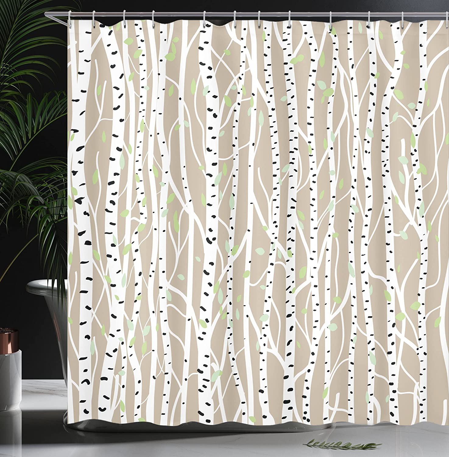 Forest Foliage Abstract Trunks Shower Curtain In Tan, Pale Green, And Black - Image 3