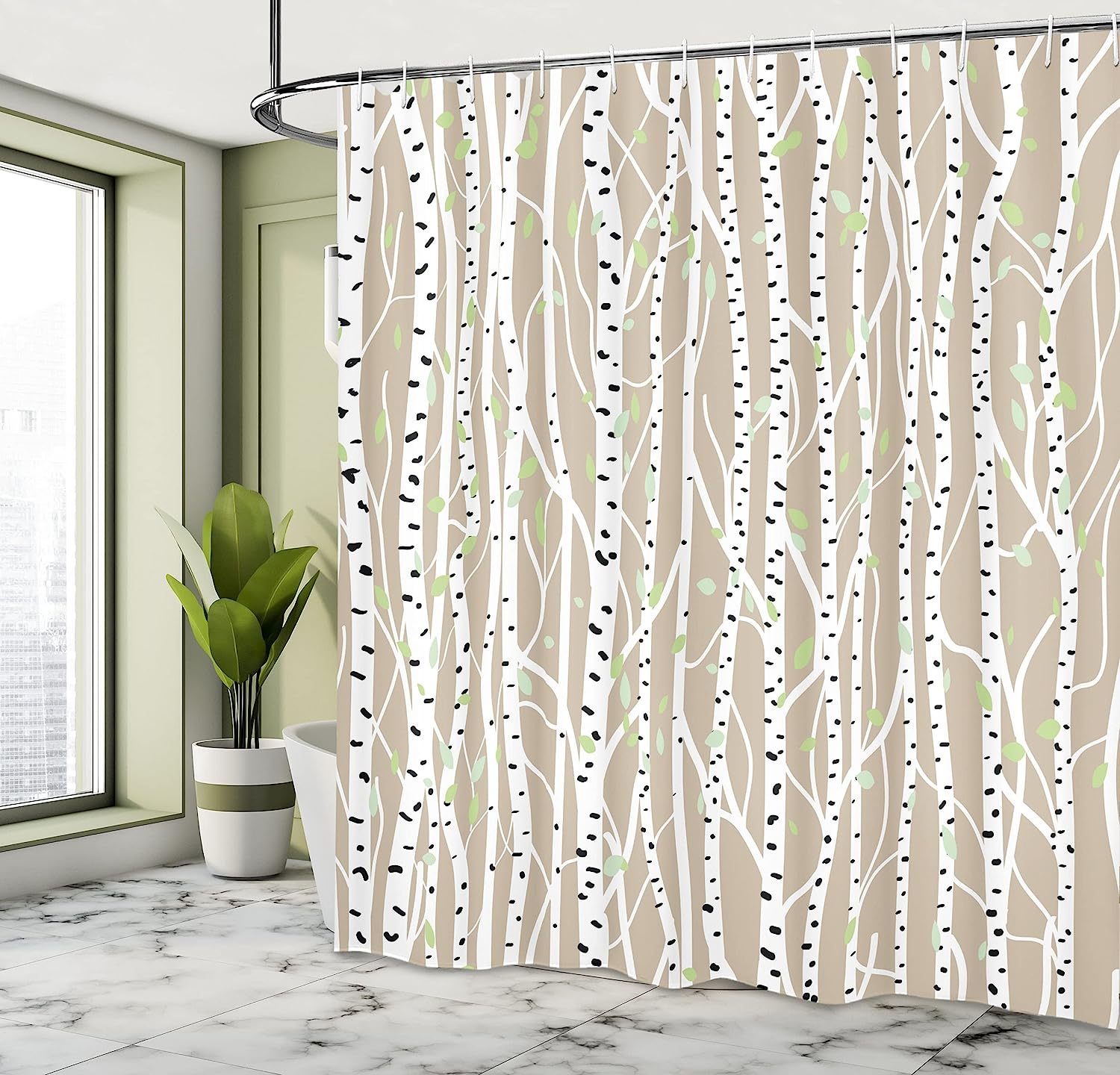 Forest Foliage Abstract Trunks Shower Curtain In Tan, Pale Green, And Black - Image 4