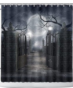 Forest Full Moon And Black Cat Shadow Shower Curtain - Rustic Halloween Decor