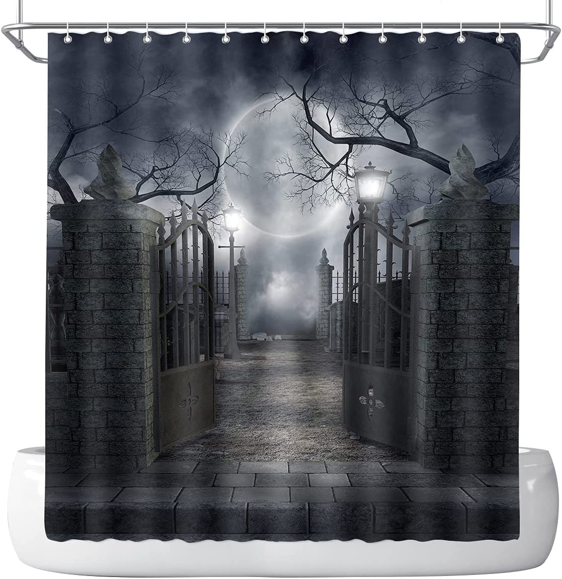 Forest Full Moon And Black Cat Shadow Shower Curtain - Rustic Halloween Decor