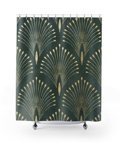 Forest Green & Gold Abstract Fan Pattern Art Nouveau Shower Curtain - Custom Durable Fabric