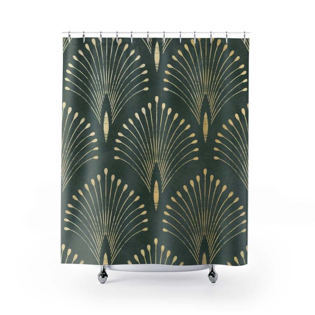 Forest Green & Gold Abstract Fan Pattern Art Nouveau Shower Curtain - Custom Durable Fabric