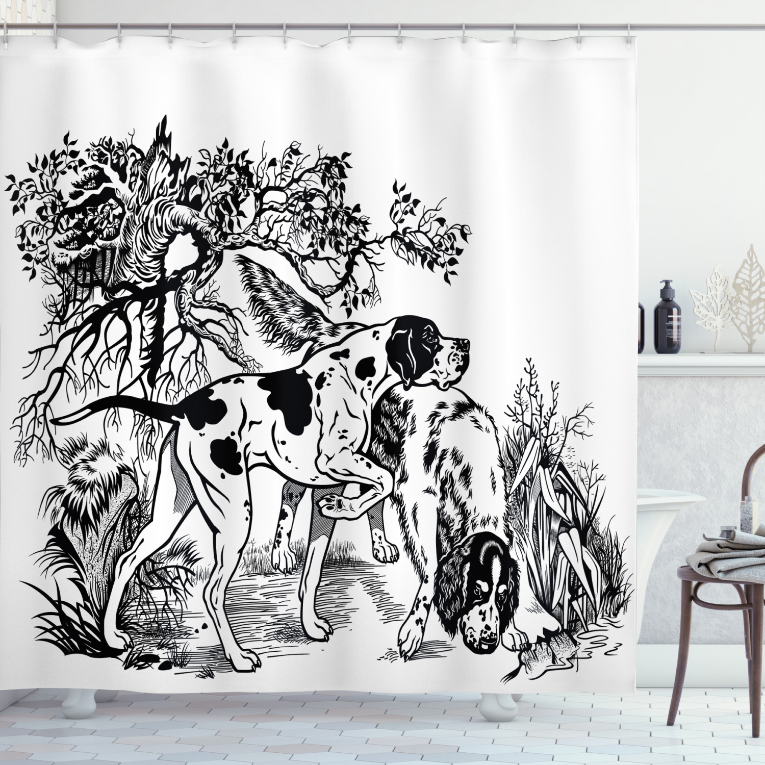 Forest Hunting Dogs Print Shower Curtain for Hunting Lodge Bathroom Decor