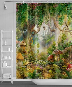 Forest Jungle Green Shower Curtain Fantasy Mushroom Print 