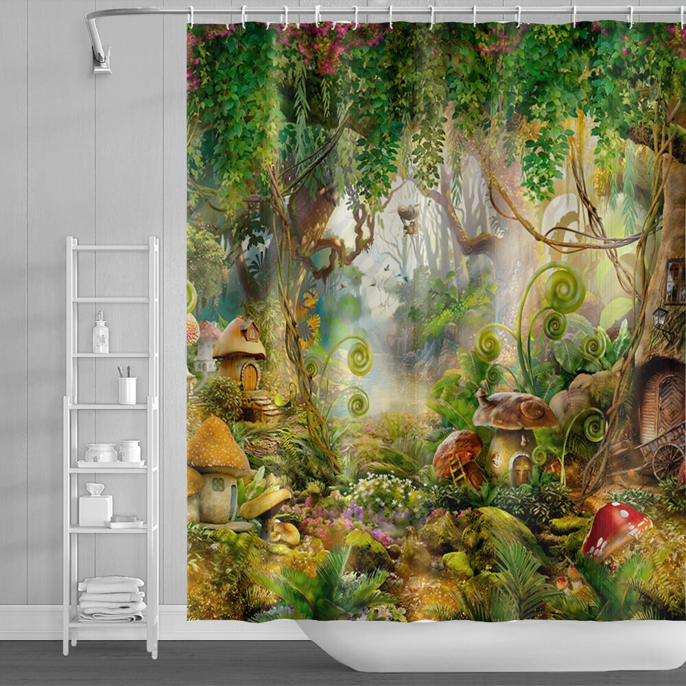 Forest Jungle Green Shower Curtain Fantasy Mushroom Print