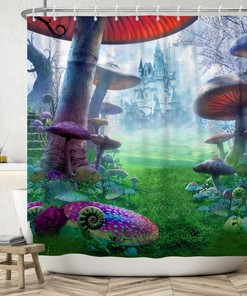 Forest Jungle Green Shower Curtain Fantasy Mushroom Print