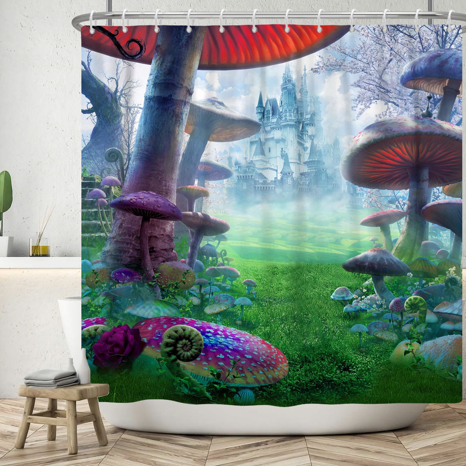Forest Jungle Green Shower Curtain Fantasy Mushroom Print