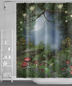 Forest Jungle Green Shower Curtain Fantasy Mushroom Print