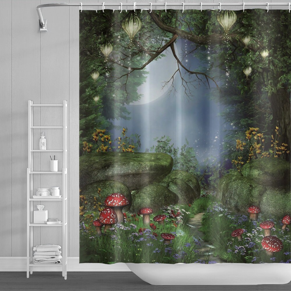Forest Jungle Green Shower Curtain Fantasy Mushroom Print