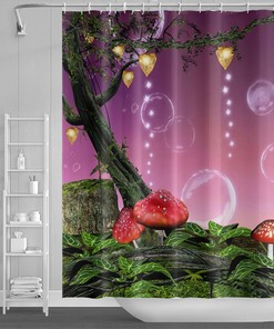 Forest Jungle Green Shower Curtain Fantasy Mushroom Print