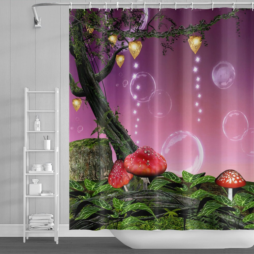 Forest Jungle Green Shower Curtain Fantasy Mushroom Print