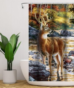 Forest Jungle Wildlife Cute Deer Hunting Camo Shower Curtain for a Rustic Bathroom