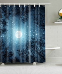 Forest Landscape Shower Curtain with Blue Starry Night Theme