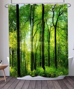 Forest Landscape Shower Curtain with Green Trees and Sunrise Design for a Refreshing Bath