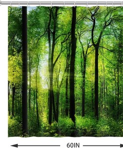 Forest Landscape Shower Curtain with Green Trees and Sunrise Design for a Refreshing Bath