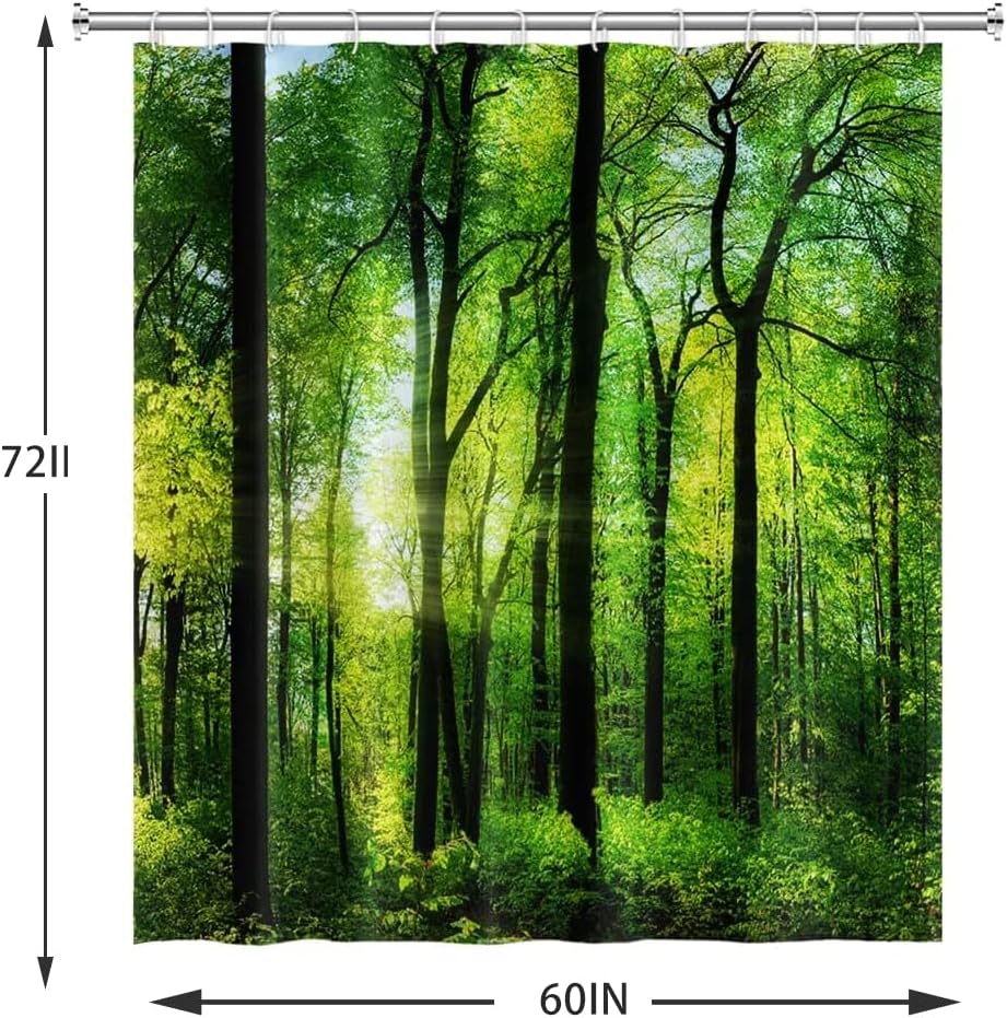 Forest Landscape Shower Curtain with Green Trees and Sunrise Design for a Refreshing Bath