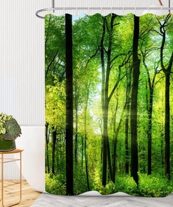 Forest Landscape Shower Curtain with Green Trees and Sunrise Design for a Refreshing Bath