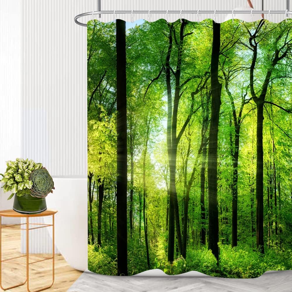 Forest Landscape Shower Curtain with Green Trees and Sunrise Design for a Refreshing Bath