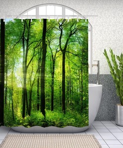 Forest Landscape Shower Curtain with Green Trees and Sunrise Design for a Refreshing Bath