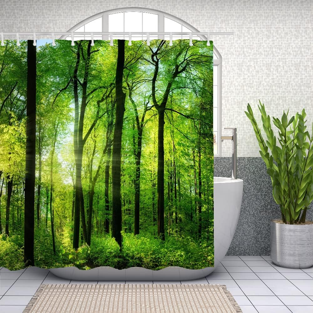 Forest Landscape Shower Curtain with Green Trees and Sunrise Design for a Refreshing Bath