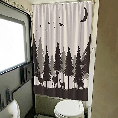 Forest Mountain Happy Camper Cloth Fabric RV Bathroom Decor Shower Curtain