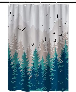 Forest Mountain Happy Camper Fabric Shower Curtain for RV Bathroom Decor