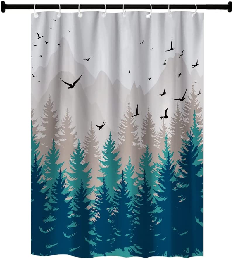 Forest Mountain Happy Camper Fabric Shower Curtain for RV Bathroom Decor