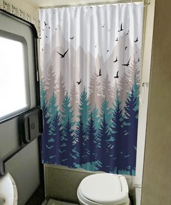 Forest Mountain Happy Camper Fabric Shower Curtain for RV Bathroom Decor