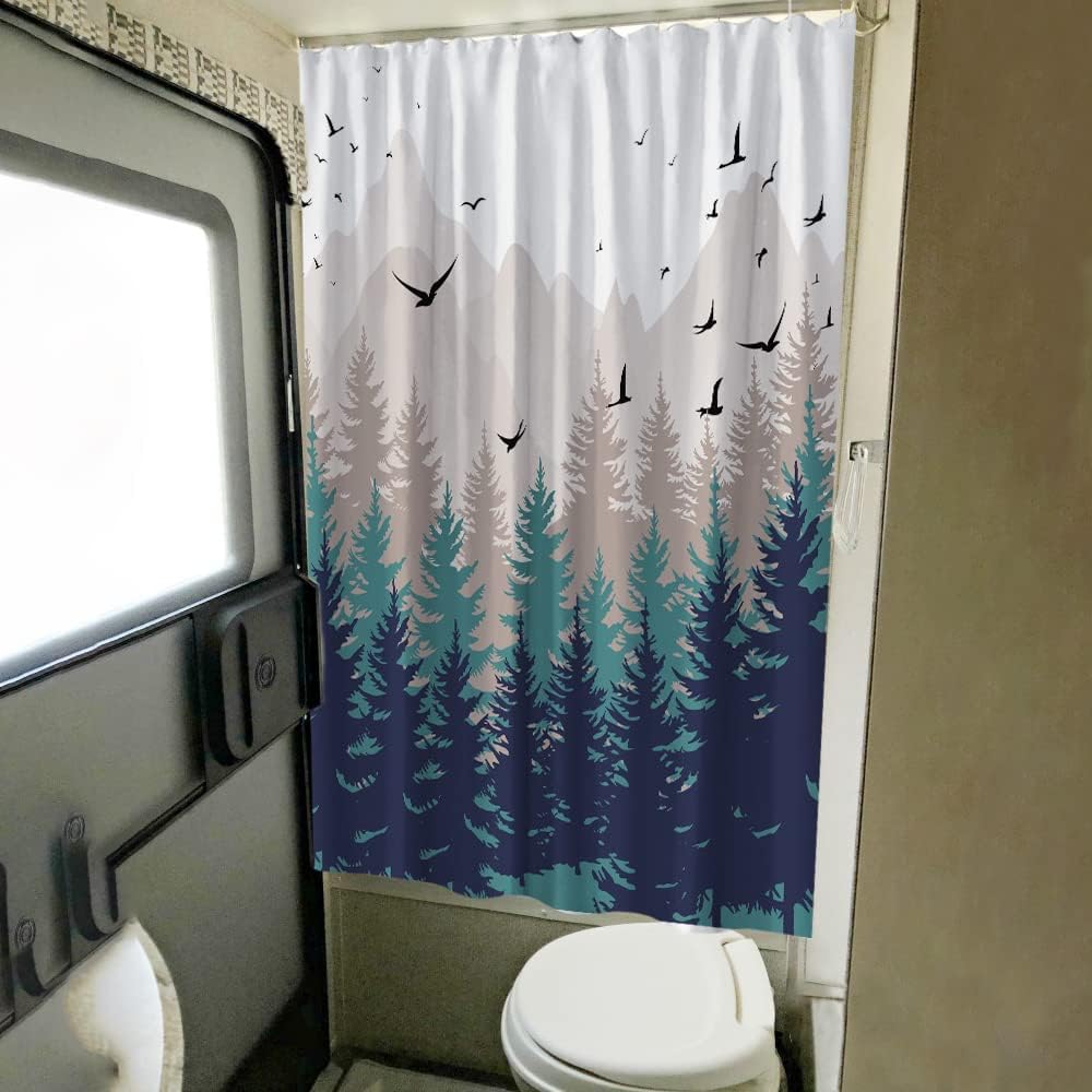 Forest Mountain Happy Camper Fabric Shower Curtain for RV Bathroom Decor