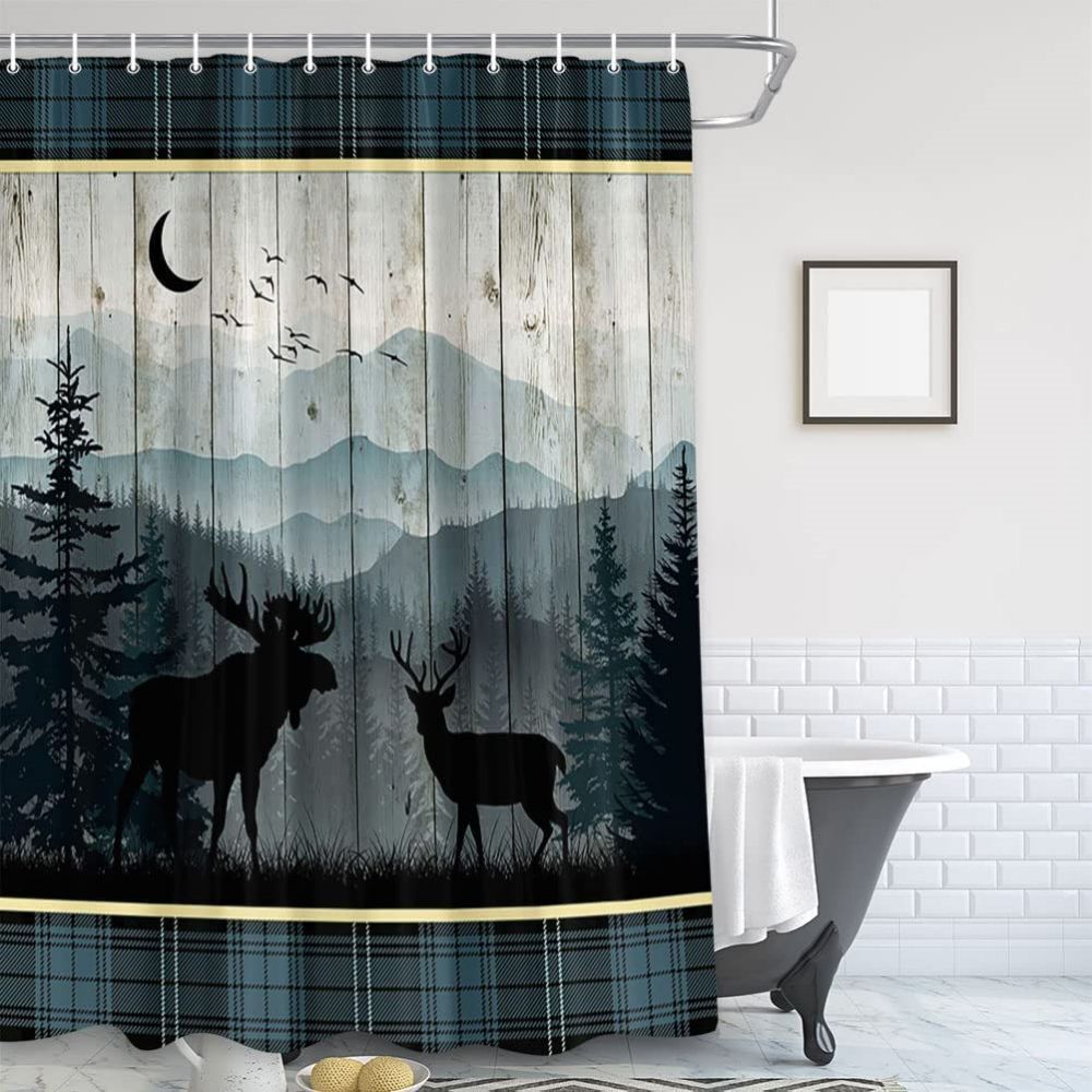Forest Night Deer Elk Waterproof Fabric Curtain For Bathroom Decor - Forest Night Deer Elk