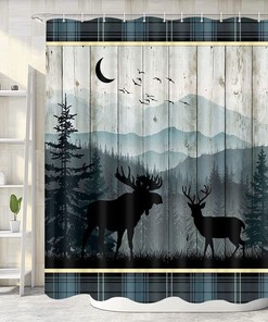 Forest Night Deer Elk Waterproof Fabric Curtain For Bathroom Decor - Forest Night Deer Elk