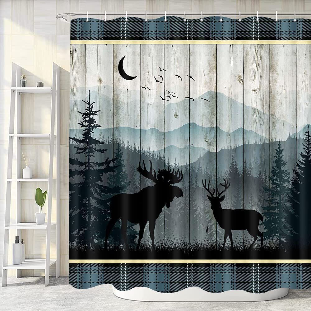 Forest Night Deer Elk Waterproof Fabric Curtain For Bathroom Decor - Forest Night Deer Elk