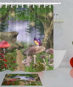 Forest Pathway Butterfly Fabric Shower Curtain with Magic Mushrooms Design - Enter the Realm of Enchantment. 
