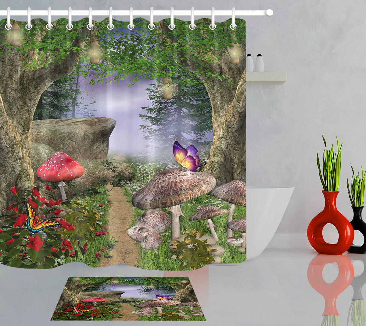 Forest Pathway Butterfly Fabric Shower Curtain with Magic Mushrooms Design - Enter the Realm of Enchantment.