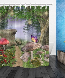 Forest Pathway Butterfly Fabric Shower Curtain with Magic Mushrooms Design - Enter the Realm of Enchantment.