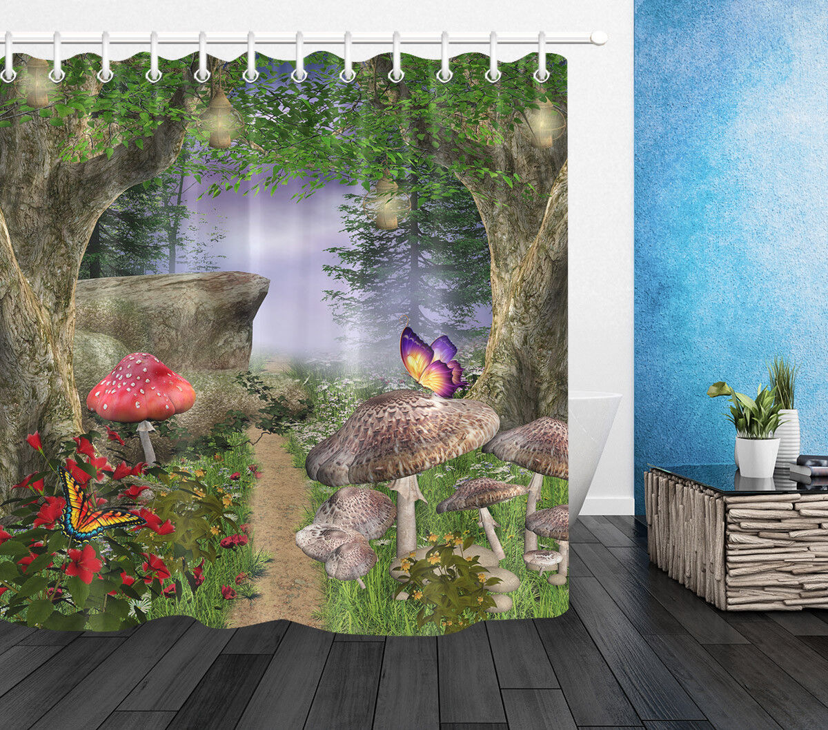 Forest Pathway Butterfly Fabric Shower Curtain with Magic Mushrooms Design - Enter the Realm of Enchantment.
