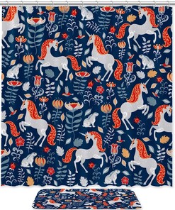 Forest Rabbit Pattern Unicorn Horse Print Shower Curtain for Waterproof Bathroom Decor