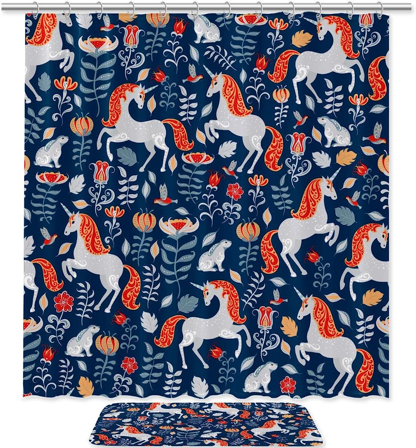 Forest Rabbit Pattern Unicorn Horse Print Shower Curtain for Waterproof Bathroom Decor